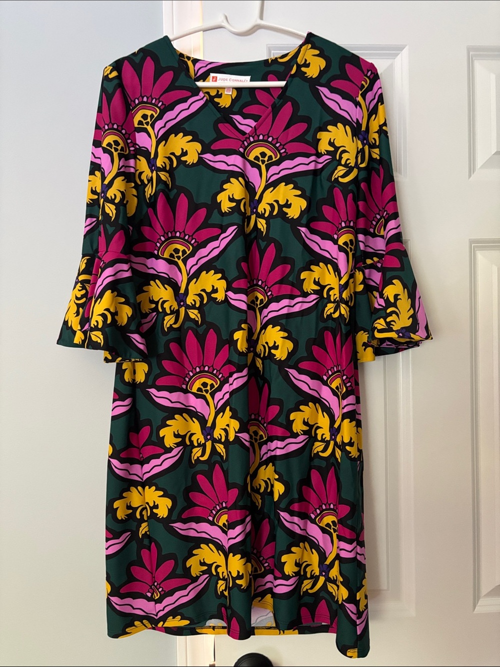 Jude Connally Dark Green Dress with Pink & Yellow Floral Print